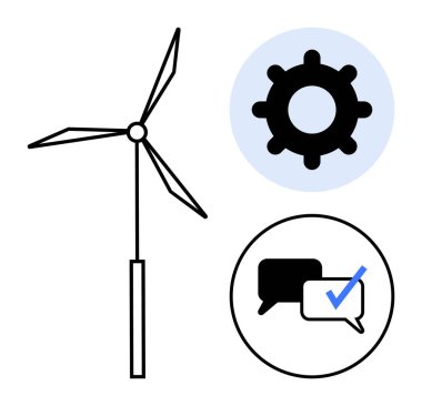 Rüzgâr türbini vites ve kontrol işaretli iletişim baloncukları, işbirliğini, sürdürülebilir enerjiyi, yeniliği, takım çalışmasını ve problem çözmeyi temsil ediyor. Enerji, ekoloji ve takım çalışması için ideal