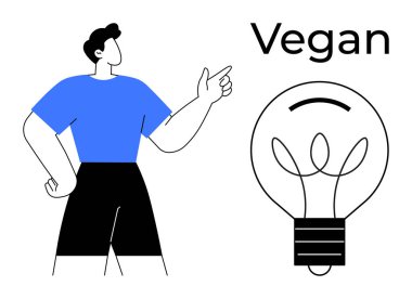 Ampulün yanında vejetaryen metni altında bitki şekilli filamanla el kol hareketi yapan biri. Sürdürülebilirlik, yenilik, sağlık, eko-yaşam tarzı, yeşil enerji, bitki temelli fikirler, basit düz metafor için ideal