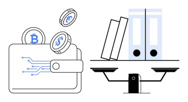 Kripto para cüzdanı Bitcoin 'li madeni paralar, kitap ve klasörlerin yanında akıllı sözleşme simgeleri. Finans, engelleme zinciri, kripto para birimi, yasallık, uyum ve denge için ideal