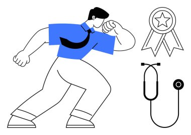 Stetoskop ve yıldız kurdelesiyle ilerleyen kendine güvenen bir birey, başarı ve adanmışlığı temsil ediyor. Başarı, sağlık, hırs, kararlılık, tanınma, ilerleme için ideal