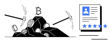 Kayalardan kripto para birimi sembolleri çıkaran madencilik araçları ve kullanıcı dereceli dijital kimlik profili. Engelleme zinciri, kripto para birimi, madencilik, kimlik doğrulama, güvenlik, fintech, veri