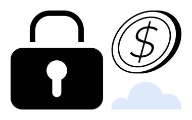 Asma kilit güvenliği simgeler, maddi açıdan bir dolar para ve dijital bağlantı için bir bulut. Güvenlik, finans, iş, bulut hesaplama, koruma, dijital para birimi teknolojisi için ideal