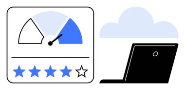 Beş yıldızlı performans göstergesi kullanıcı geribildirimi ve memnuniyeti vurguluyor. Laptop ve bulut teknolojiyi ima ediyor, dijital aletleri. Kullanıcı geribildirimi, performans takibi, kalite analizi için ideal