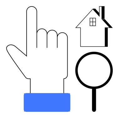 Yukarıya bakan el hareketi, ev şekli, araştırma ya da online aletleri işaret eden büyüteç. Gayrimenkul, karar verme, arama, navigasyon, teknoloji, mülkiyet asgari tasarım için ideal