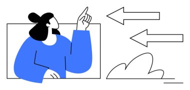 Kadın okları işaret ediyor, karar verme mekanizmasını ya da rehberliği öneriyor. Yönlendirme, odaklanma, yön bulma, liderlik, rehberlik ve karar verme için ideal. Basit bir düz metafor.