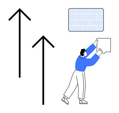 Büyüme ve ilerleme kavramı. Yukarı doğru büyüyen oklar ve inşaata katkıda bulunan bir kişi. Büyüme başarısı, zorlukların üstesinden gelme ve takım çalışması. İş, eğitim ve amaç için ideal