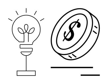 Yeniliği temsil eden ampul maddi başarıyı simgeleyen bir madeni parayla eşleştirildi. Girişimcilik, yatırım, strateji, yaratıcılık, başlangıç, ekonomik büyüme için ideal, basit düz metafor