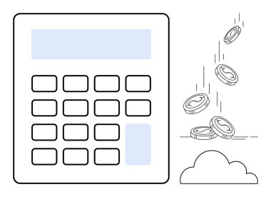 Finans, bütçe, muhasebe, tasarruf, yatırım, ekonomi ve servet yönetimini gösteren düşen paraların yanı sıra hesap makinesi. Mali planlama, maliyet hesaplaması ve tasarruf için ideal. Basit düz