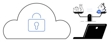 Bulut güvenlik kavramı. Bulut güvenliği, finansal ve mülkiyet verilerini koruyarak güvenli çevrimiçi işlemler sağlıyor. Bulut güvenliği fintech, dijital hizmetler, veri korumasını, çevrimiçi olarak kolaylaştırır