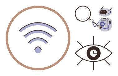 Kablosuz sinyal simgesi daire şeklinde çerçevelenmiş yapay zeka robotu büyüteç tutuyor ve saat yüzlü bir göz. Teknoloji, veri analizi, izleme, ağ oluşturma, zaman yönetimi ve yapay zeka için ideal