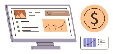 Masaüstü monitörü veri tablolarını, grafiklerini ve güncellemelerini gösterir. Dolar işareti finansal odak noktasını vurguluyor. Analiz, raporlama, finans, iş stratejisi, yatırım sunumları için ideal