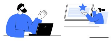 Uzaktan kumandayla uğraşan iki kişi, biri dizüstü bilgisayarda, diğeri de dijital ekranda bir yıldızla sunum yapıyor. Takım çalışması, sanal toplantılar, tanınma, iş verimliliği, çevrimiçi eğitim için ideal