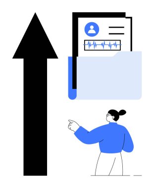 İş kadını, büyüme okunun yanında bir profil ve çizelge içeren mavi bir klasörde verileri inceliyor. Veri analizi, performans izleme, rapor değerlendirmeleri, iş stratejisi ve ilerleme için ideal