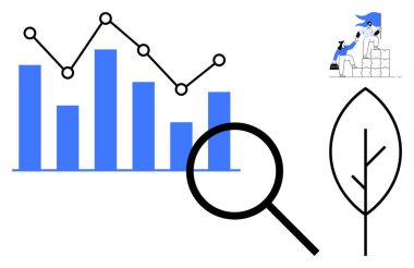 Çizelge, çizgi grafiği, büyüteç, yaprak ve karakter tırmanma blokları. Ekoloji, büyüme, analitik araştırma, iş geliştirme ve sürdürülebilirlik için ideal. Basit bir daire.