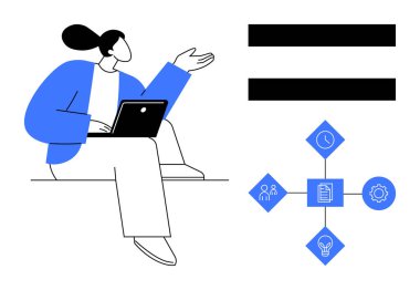 Dizüstü bilgisayar, eşitlik işareti, takım çalışması, planlama, yenilik, verimlilik gibi birbiriyle bağlantılı simgeler tutan kadınlar. İşbirliği, eşitlik ve iletişim takım çalışması için ideal