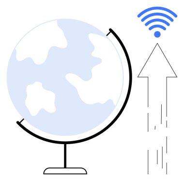 Kablosuz sinyale işaret eden küre ve ok küresel bağlantıyı, teknoloji gelişimini, internet erişimini, dijital dönüşümü gösteriyor. İletişim, küreselleşme, yenilik ve ilerleme için ideal