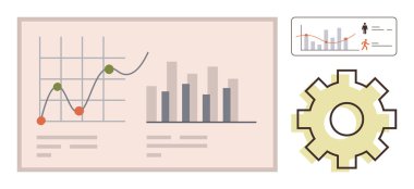 İstatistiksel grafik ve bar grafiği analiz panosunda vites ve performans simgelerinin yanında. Veri analizi, ilerleme izleme, iş stratejisi, iş akışı iyileştirmesi, mali eğilimler için ideal