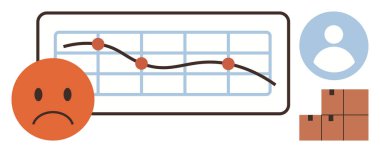 Noktalar, üzgün surat, kullanıcı profili ve kutularla aşağı doğru eğilim grafiği. İş kaybı, performans düşüklüğü, piyasa analizi, finansal kriz, envanter sorunları stratejisi için idealdir.