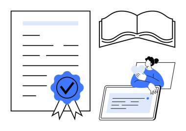 Sertifika konsepti. Onaylanmış bir belge, dijital tablet ve açık bir kitapla sertifikalandırılmış. Mesleki beceriler, e-öğrenim, yetki belgesi, eğitim uygulamaları, uyum