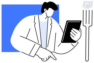 Tableti inceleyen kişi, büyük çatal, dijital yiyecek paneli için ekran simgesi. Teknoloji, yenilik, yemek, planlama, yönetim modern mutfak organizasyonu için idealdir. Basit düz metafor