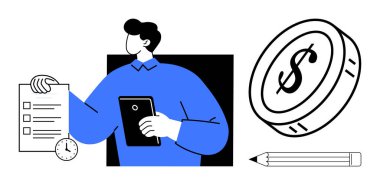 Yanında saat, kalem ve dolar para ile birlikte bir tablet ve kontrol listesi tutan kişi. Üretkenlik, zaman yönetimi, bütçe, planlama, finansal organizasyon, iş stratejisi için ideal basit