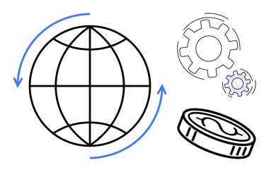 Küresel hareketi temsil eden okları olan dünya, yeniliği simgeleyen vitesler ve ekonomiyi simgeleyen madeni paralar. Küreselleşme, ticaret, teknoloji, iş büyümesi, girişimcilik ve yatırım için ideal