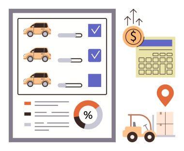Durum göstergeleri, hesap makinesi, forklift ve paket, lokasyon iğnesi ve finansal büyüme simgelerine sahip arabaların kontrol listesi. Lojistik, araba kiralama, finansal planlama, ulaşım sektörü için ideal