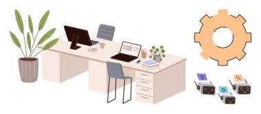 Bilgisayarlar, sandalyeler, bitkiler, kitaplar ve otomasyon robotlarıyla dolu çağdaş ofis masası, otomasyonu sembolize eden bir vites simgesi ile eşleştiriliyor. Takım çalışması, teknoloji, verimlilik yeniliği için ideal