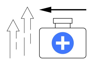 Tıbbi büyüme konsepti. Mavi haçlı ve yukarı doğru oklu bir ilk yardım kutusundan tıbbi büyüme. Gelişme ve gelişme olarak tıbbi büyüme. Sağlık, tıp, ilerleme ve yenilik için
