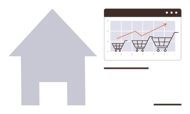 Ev silueti, alışveriş arabaları ve yukarı doğru eğilimli grafiklerle eşleştirildi. Çevrimiçi alışveriş, dijital satış, piyasa analizi, tüketici eğilimleri, e-ticaret büyümesi, iş stratejisi için ideal