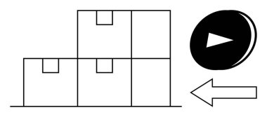 Yığınlanmış paketler, düzgün bir şekilde dizilmiş ok solu işaret ediyor ve dağıtım, lojistik, ilerleme, depolama, e-ticaret, koordinasyon ve minimalizm, basit düz metaforu simgeleyen bir oynatma düğmesi.