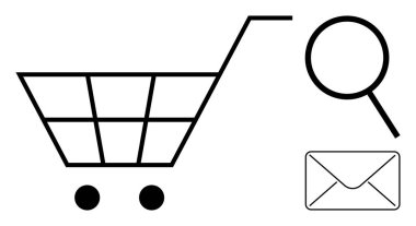 Alışveriş arabası, büyüteç ve e-posta zarfı basit bir düz metaforda e-ticaret, ürün keşfi, iletişim, pazarlama, dağıtım, müşteri hizmetleri ve dijital bağlantıyı temsil etmektedir.