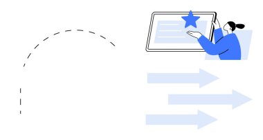 Dijital ekranda yıldız derecesini sunan kadın, hareket halindeki oklar ilerlemeyi, değerlendirmeyi, başarıyı işaret ediyor. Geri bildirim, gözden geçirme, başarı, strateji, hedef belirleme kullanıcı yolculuğu için ideal