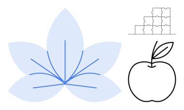 Tasarım elemanları. Nilüfer çiçeği, elma şekli ve bulmaca parçaları denge, sağlık ve bağlantı. Eğitim için tasarım unsurları, farkındalık, markalaşma sağlıklı yaratıcılık