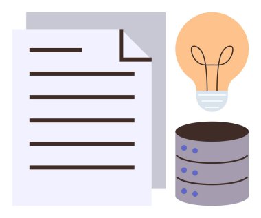 İçinde kağıt belgeler olan dosyalar, yaratıcı fikirler için bir ampul ve dijital depolamayı sembolize eden bir veritabanı. Kavramlar için ideal yenilik, veri yönetimi, depolama, teknoloji