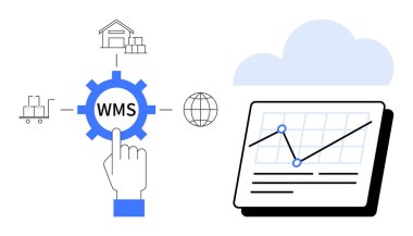 Depoyu, dünyayı, lojistik simgeleri birbirine bağlayan WMS teçhizatıyla el etkileşimi. Analizlerle dolu bir tabletin çizelgesi. Tedarik zinciri, lojistik, teknoloji, envanter, otomasyon veri izleme için ideal