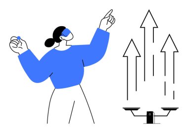 Kendine güvenen bir kadın, gelişmeyi ve başarıyı sembolize eden yükselen okların yanında yön jesti yapıyor. Liderlik, strateji, yenilik, iş büyümesi, hedef belirleme, başarı için ideal