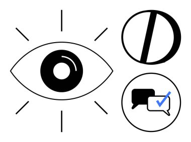 Göz sembolü yayılan çizgiler, kene ikonu konuşma baloncukları, geometrik yarım daire. İletişim, vizyon, berraklık, anlayış, yaratıcılık değerlendirmesi için idealdir. Temiz, düz metafor