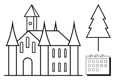 Keskin kuleleri, basit çam ağacı ve takvimi olan Gotik esinlenilmiş bir kale. Kültür, tarih, turizm, mimari, fantezi etkinlikleri için ideal. Basit düz metafor