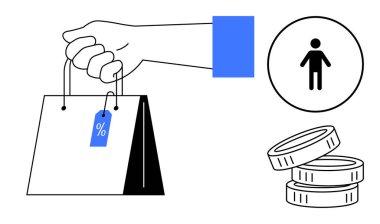 Yüzdelik indirim etiketli el çantası, madeni para yığını ve perakende satış, müşteri davranışı, tasarruf, e-ticaret, alışveriş, satış ve basit daire temaları vurgulayan kişi simgesi