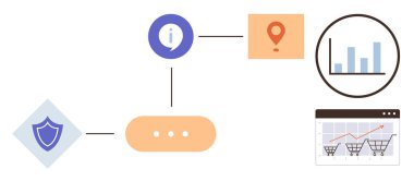 Kalkan simgesi, bilgi baloncuğu, konum noktası, bar şeması ve alışveriş arabalarını gösteren büyüme grafiği. Süreçler, güvenlik, e-ticaret, analitik navigasyon planlaması için ideal