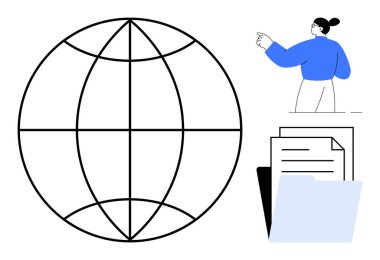 Dünya çapındaki bağlantıyı temsil eden küre, profesyonel jestler ve organizasyonu sembolize eden kağıtlarla dolu bir klasör. Takım çalışması, küreselleşme, yönetim, strateji, ağ oluşturma ve eğitim için ideal