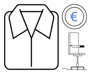 Gömlek yaka sembolü, ofis sandalyesi ve avro tabela dairesi. İş için ideal, maaş, resmi kıyafet, kurumsal kültür, işyeri mali işlemler verimliliği. Basit düz metafor