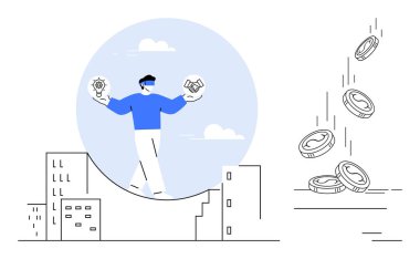 Eğri yolda yürüyen kişi binaların tepesinde, yaratıcılığın ve ortaklığın simgelerini taşıyor, madeni paralar yağıyor. İş stratejisi, yenilik, denge, finans, zorluklar, karar verme mekanizması için ideal