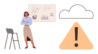 Kendine güvenen bir kadın veri tablolarının yanında duruyor ve bir bulut uyarısı işareti, analizler, bulut teknolojisi, risk ve karar verme mekanizmasının altını çiziyor. İş için ideal, analitik, bulut depolama, teknoloji riski