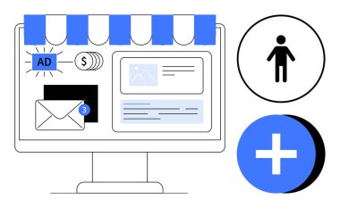 Çevrimiçi iş kavramı. Reklamları, e-posta bildirimlerini ve kullanıcı iletişim araçlarını gösteren çevrimiçi iş arayüzü. E-ticaret, pazarlama, girişimler, web sitesi tasarımı, dijital