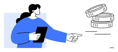 Kadın elinde bir tablet tutuyor ve bir yığın madeni parayı gösteriyor. Bütçeyi, tasarrufu ya da yatırımı temsil ediyor. Finans, iş büyümesi, zenginlik yönetimi, eğitim, e-ticaret stratejisi için ideal basit