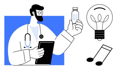 Doktor elinde tablet tutarken bir aşı şişesini inceliyor, yeniliği ve yaratıcılığı sembolize eden müzik notalarını temsil eden bir ampulle eşleştiriyor. Sağlık, araştırma, teknoloji ve eğitim için ideal