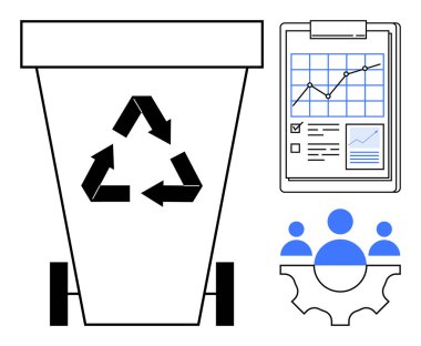 Ekolojik sembollü geri dönüşüm kutusu, analitik pano ve vites şekilli takım. Sürdürülebilirlik, atık yönetimi, eko stratejisi, takım çalışması, analitik, veri çevresel sorumluluğu için ideal