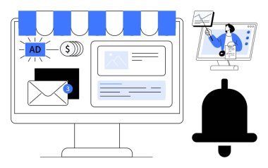 E-ticaret operasyonları. Bildirimleri, reklamları ve dijital işlemler için çevrimiçi iletişimi olan e-ticaret platformu. Pazarlama, iletişim, online alışveriş için e-ticaret araçları. çevrim